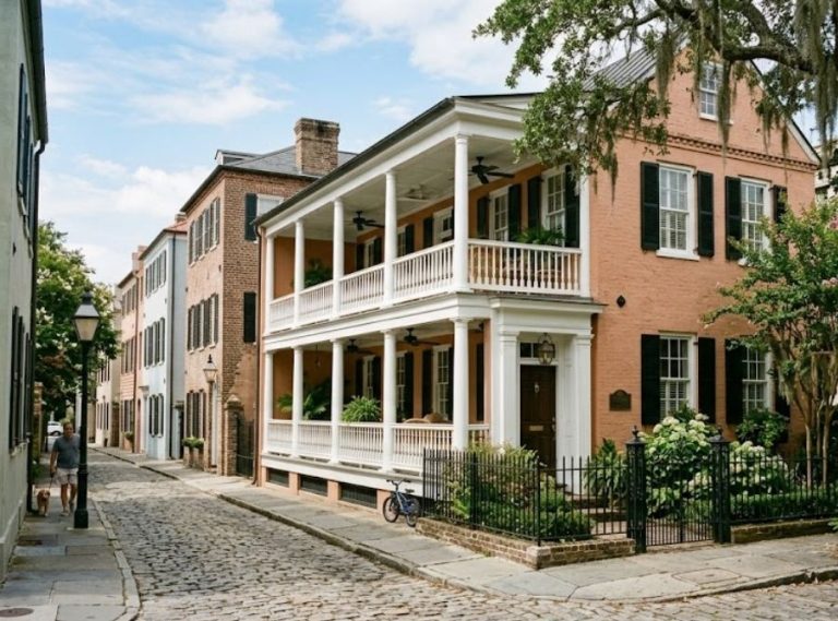 Historic Charleston Single House featuring a warm terracotta exterior, classic black shutters, multi-story white piazzas, and a wrought-iron gate on a cobblestone street.