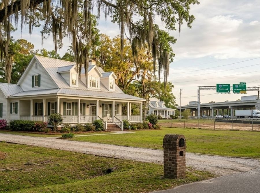 Classic Southern-style home in Savannah, Georgia, featuring a wrap-around porch and live oaks with Spanish moss, located near the I-95 corridor.