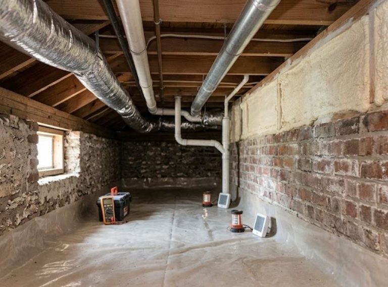 Closed-cell spray foam helping control crawl space moisture in a historic Charleston home with a tabby foundation.