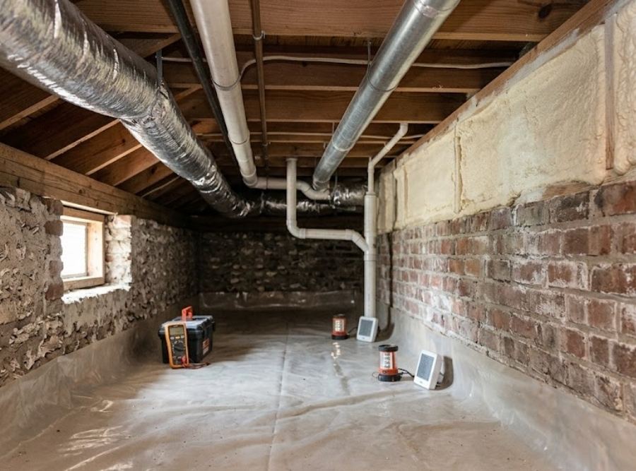Closed-cell spray foam helping control crawl space moisture in a historic Charleston home with a tabby foundation.
