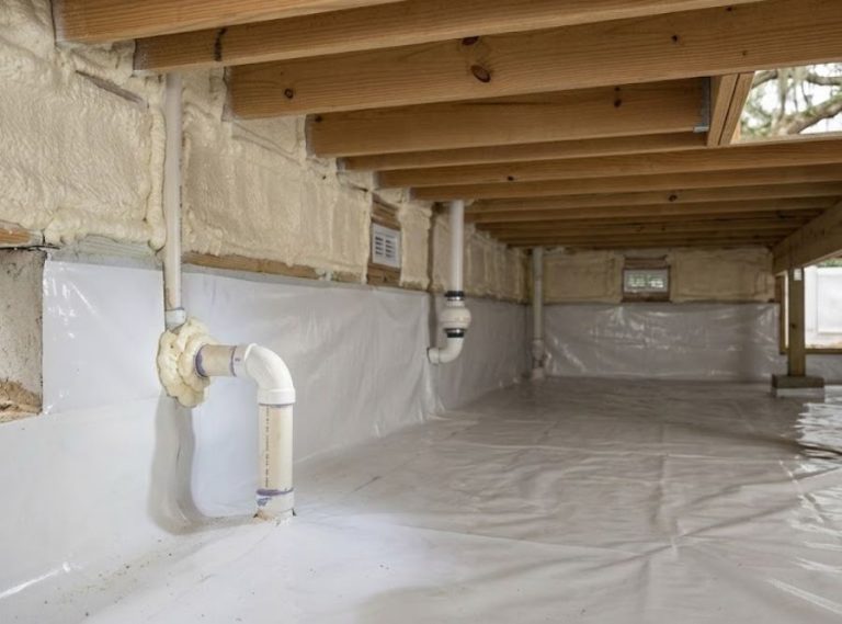 encapsulated crawl space featuring spray foam insulation along the band joist, a heavy-duty white vapor barrier sealed to the foundation walls and floor, and PVC drainage pipes with spray foam penetration seals, all beneath a clean wood joist floor system.