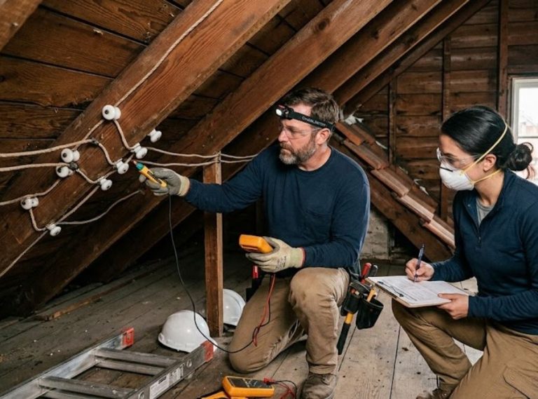 Electrician and inspector examining historic knob-and-tube wiring in a Charleston home attic.