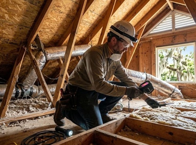 An attic insulation specialist in a Savannah, Georgia home using a thermal camera to inspect existing insulation and ductwork before a spray foam installation.
