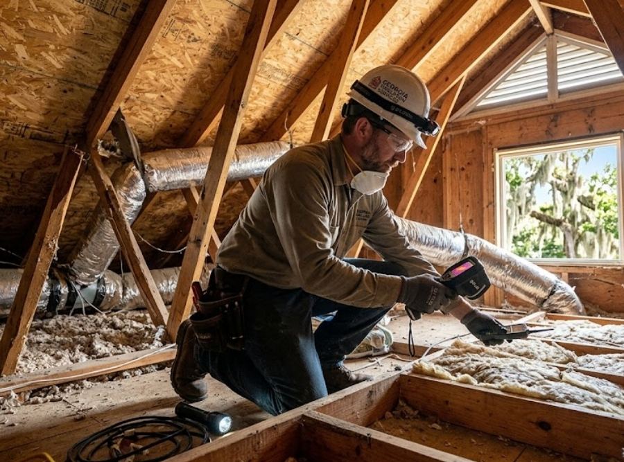 An attic insulation specialist in a Savannah, Georgia home using a thermal camera to inspect existing insulation and ductwork before a spray foam installation.