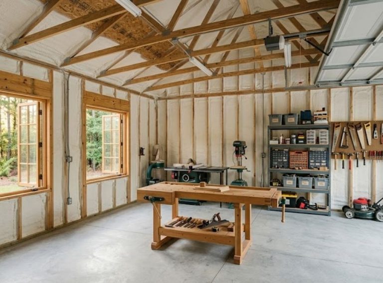 detached workshop featuring professionally installed spray foam insulation, a wooden workbench, and neatly stored tools