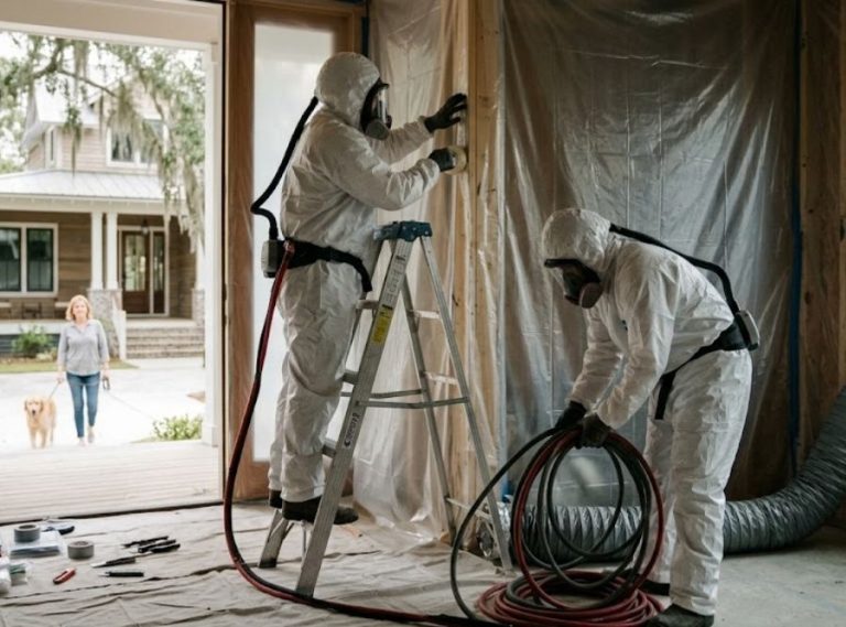 Professional spray foam insulation technicians setting up plastic containment in Lowcountry home.