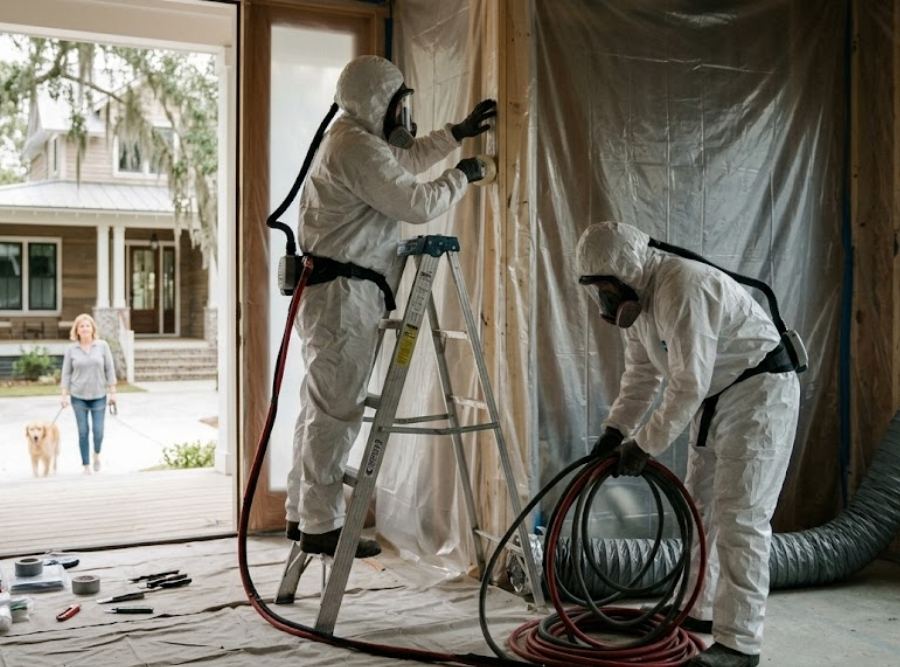 Professional spray foam insulation technicians setting up plastic containment in Lowcountry home.