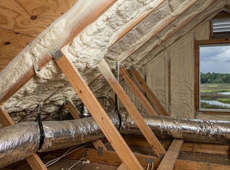 An open attic space under construction featuring exposed wooden roof trusses, foil-wrapped flexible HVAC ductwork running along the floor, and spray foam insulation applied to the underside of the roof deck. A window at the gable end reveals a view of a marshy landscape under an overcast sky.